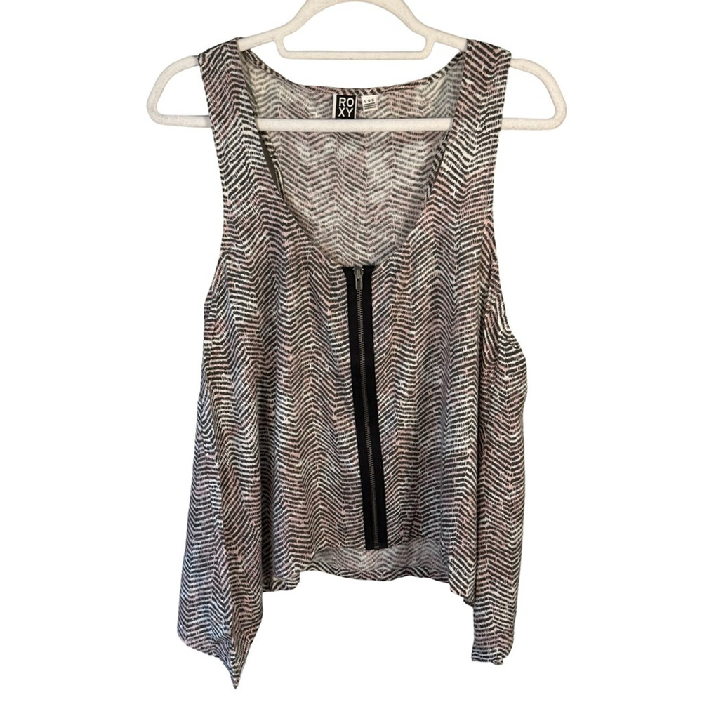 Roxy Monochrome Zigzag Tank Top Size L Boho Y2K Festival Casual Summer Neutral